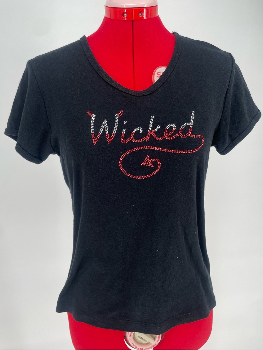 100% Cotton Bedazzled Black & Red “Wicked”   V-neck Women’s T-shirt